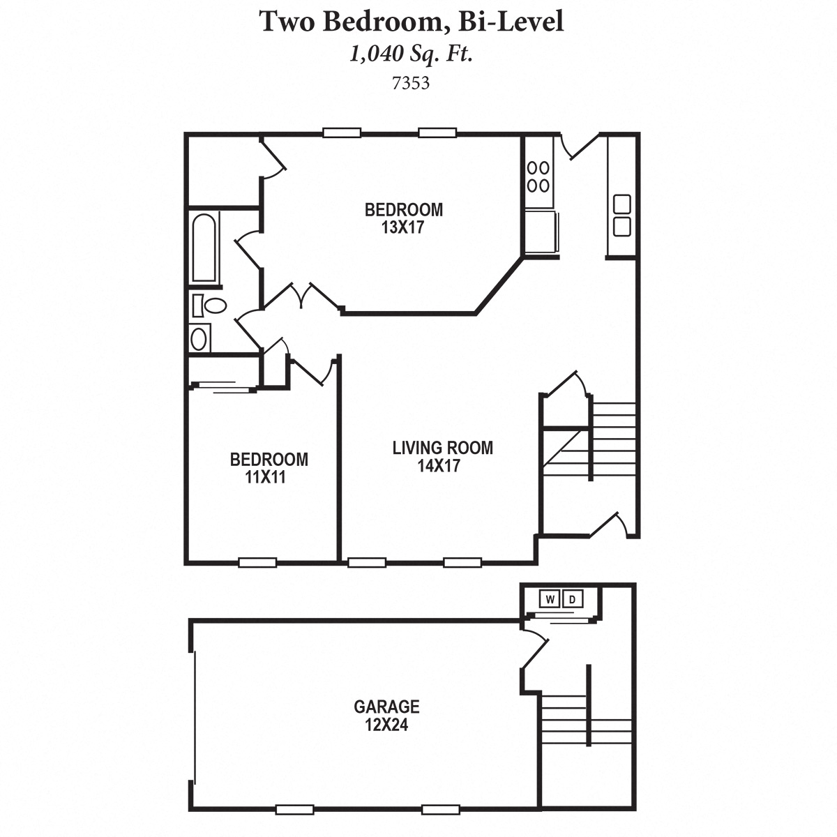 Floor plan for 2 beds, 1 bath, 1040 sqft